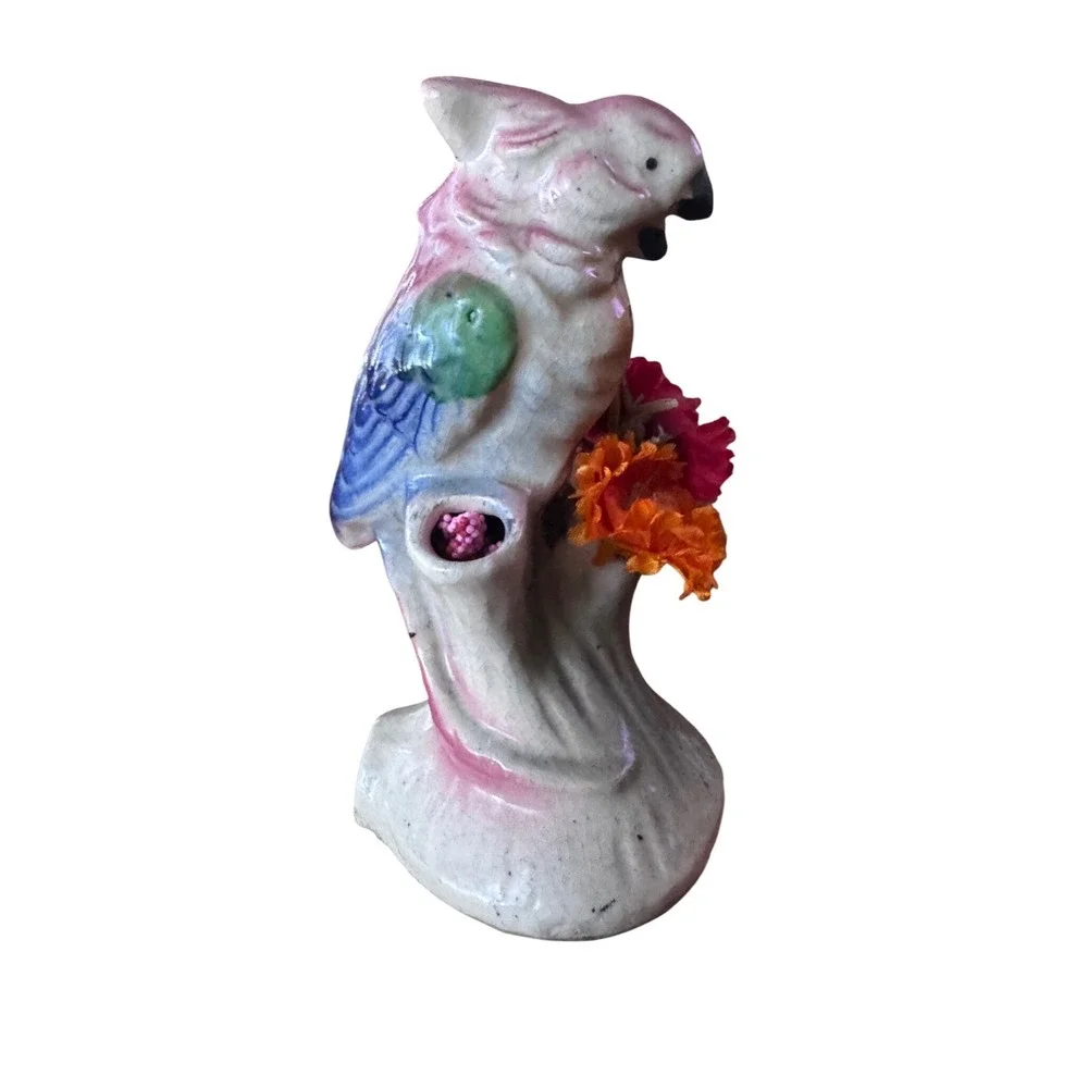 Vintage Ceramic Parrot Figurine Pink Green Tropical Bird with Flowers‎ 5 inch